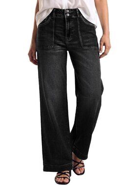 Women's Black Elastic High Waisted Stretchy Front Big Pocket Straight Leg Jeans